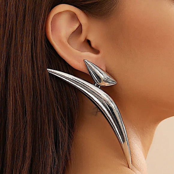 Exaggerated Silver Spiked Earrings, Oversized,, Statement, Club, Punk, Retro - Picture 2 of 4